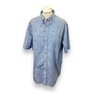 Chaps Mens Blue Gingham Flying Fishing Short Sleeve Shirt XL Cotton Easy Care